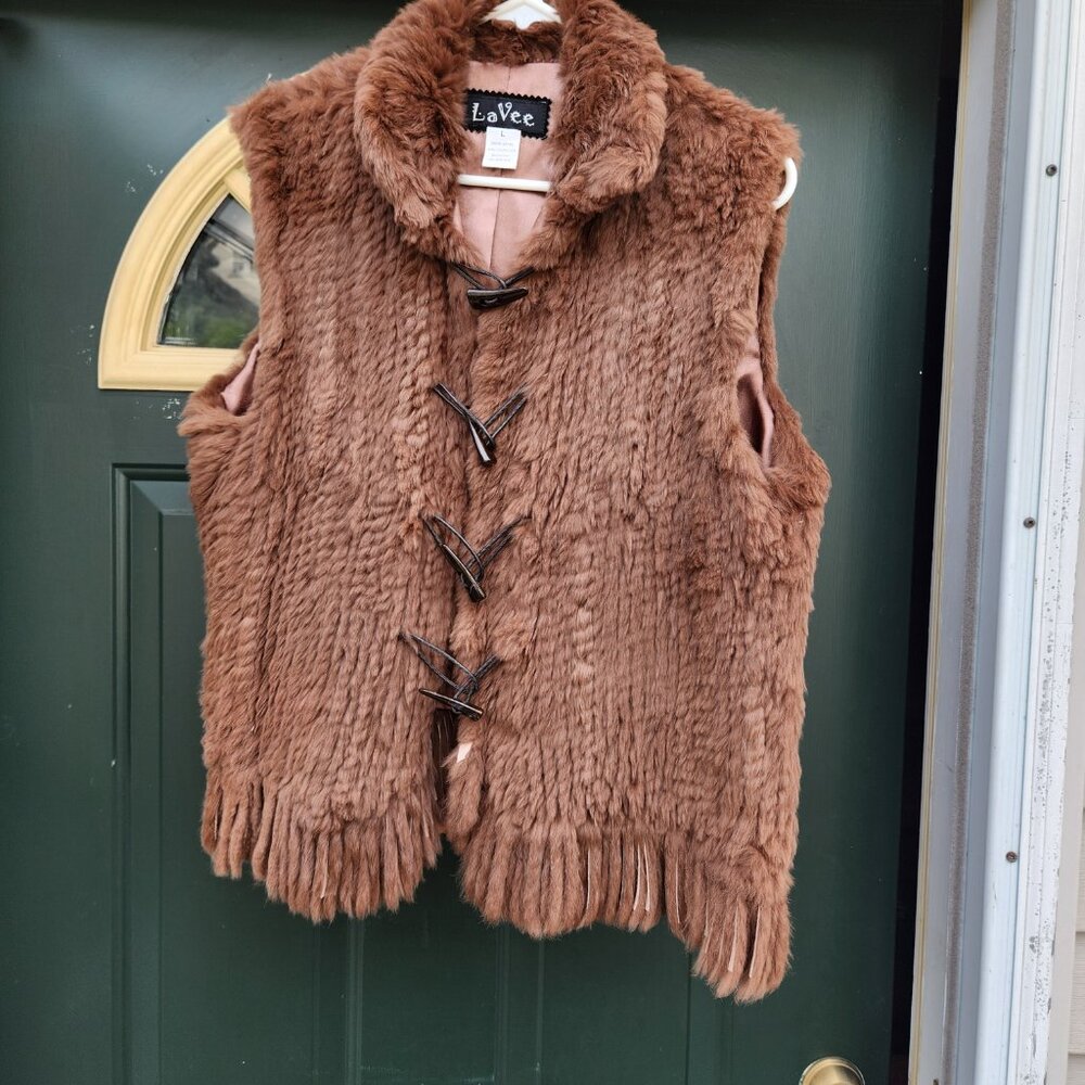 Lavee Brown Knitted Rabbit Fur Vest with Satin lining Large
